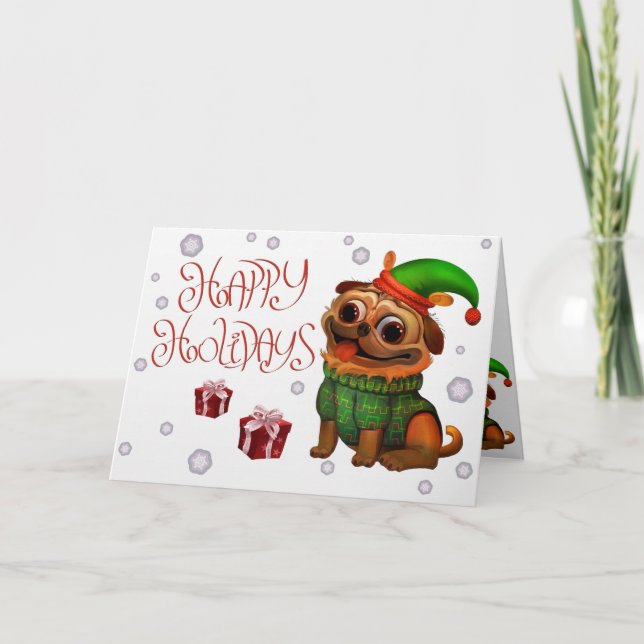 Felices vacaciones - Tarjeta de Navidades Pug (Anverso)