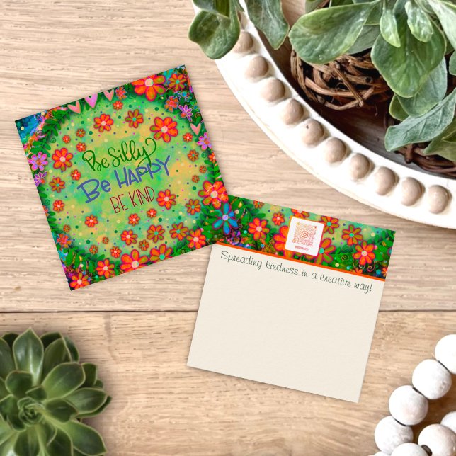 Felices y divertidas tarjetas de bondad verde (Silly, happy, kind, fun, INSPIRIVITY, kindness cards. Colorful floral, and whimsical art with “quote)