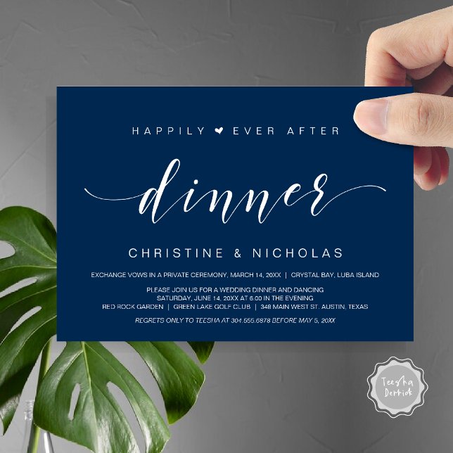 Felicidad Eterna, Invitación de Cena de Boda Fugad (Happily Ever After Dinner Invitation Card, PDF, Modern Wedding Elopement, Heart, Navy Blue)