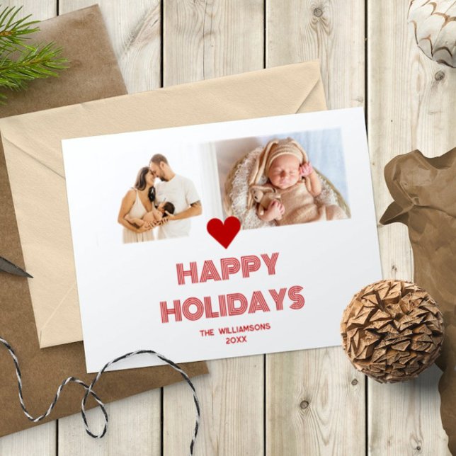 Felicidades de Navidad y Año Nuevo Modernas Rojas  (Modern Bright Red and White Happy Holidays 2 Photos Heart Holiday Card)