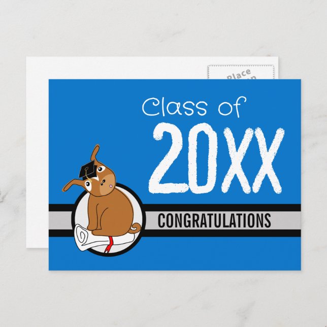 Felicidades Tarjeta Postal Cachorro Azul de Gradua (Anverso / Reverso)