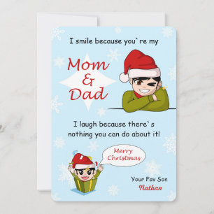 Felicitación divertida de Navidad del hijo a los p