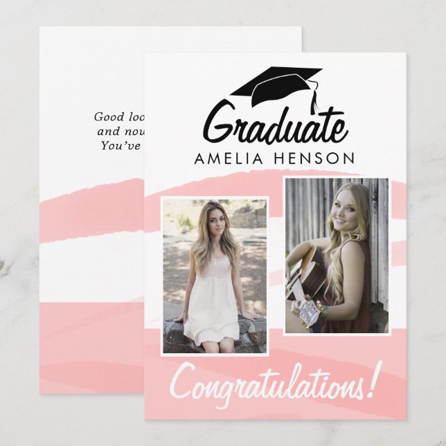 Felicitaciones de graduado con acuarela rosa 2 fot (Anverso / Reverso)