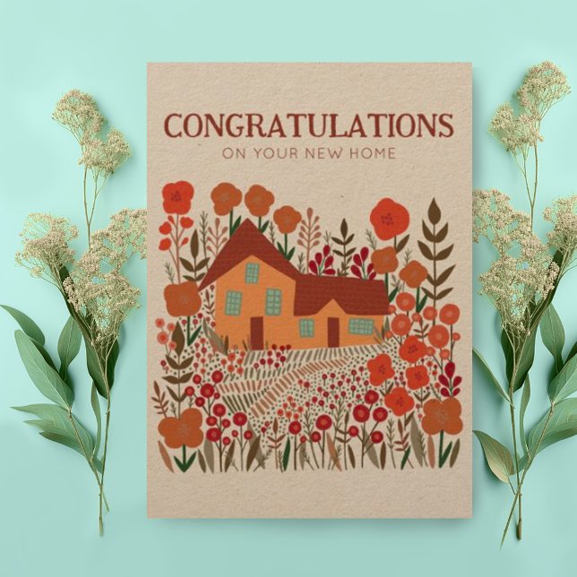 FELICITACIONES Hogar Calentador de la casa Kraft (Custom new home congratulations card with cute cottage and garden with flowers)