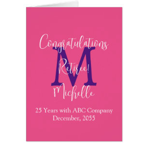 Felicitaciones por jubilación, monograma rosa y pú