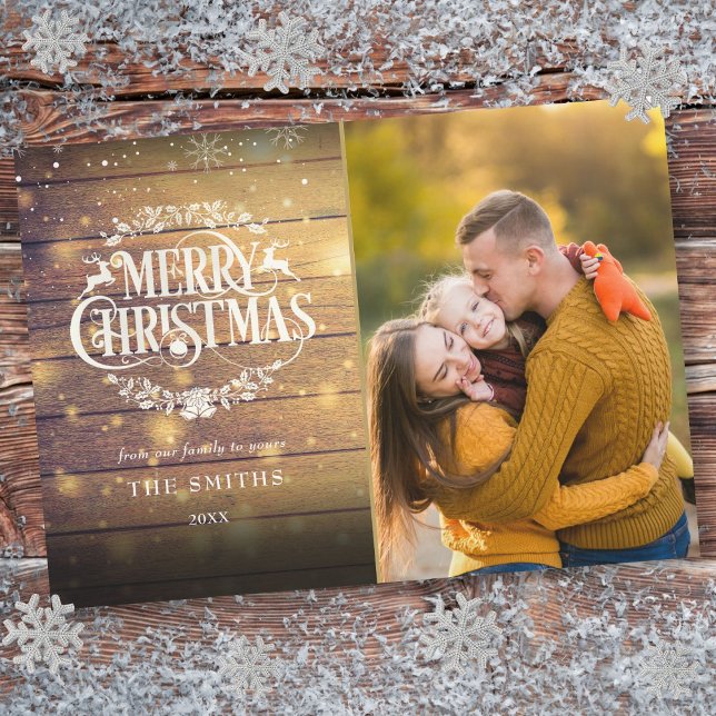 Feliciz Navidad Copo de Nieve de Madera Rústica Fo (Merry Christmas Rustic Wood Snowflakes Photo Holiday Card)
