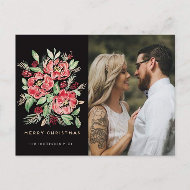 Feliciz Navidad rosas acuarela rojas foto (Anverso)