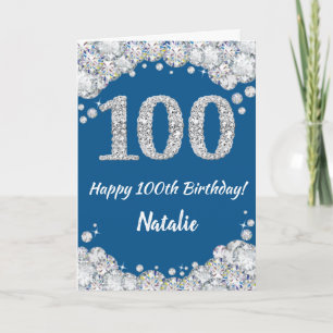 Feliz 100 cumpleaños tarjeta Purpurina azul y plat