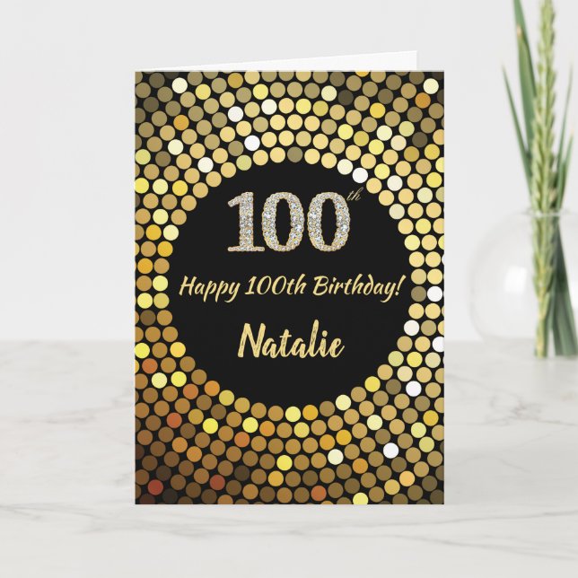 Feliz 100 cumpleaños, tarjeta Purpurina negra y do (Anverso)