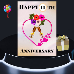 Feliz 11º aniversario de la tarjeta floral vintage