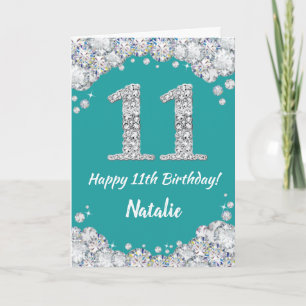 Feliz 11º cumpleaños con tarjeta de Purpurina Verd