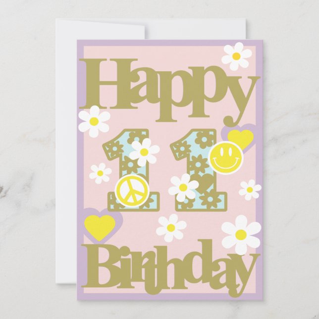 Feliz 11º cumpleaños - Tarjeta de Chica con flores (Anverso)