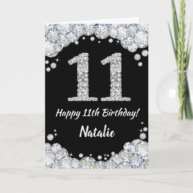 Feliz 11º cumpleaños tarjeta de Purpurina negro y  (Anverso)