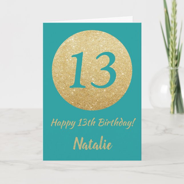 Feliz 13.º cumpleaños, tarjeta Verde azulada y Pur (Anverso)