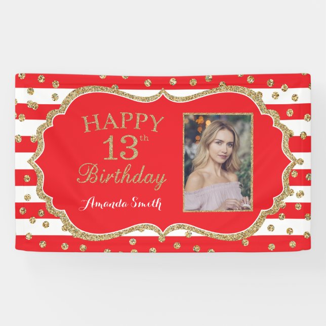 Feliz 13° cumpleaños, pancarta de Purpurina Red Go (Horizontal)