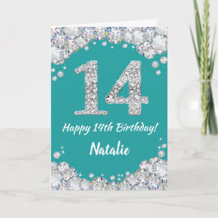 Feliz 14 cumpleaños, tarjeta de Purpurina Verde az