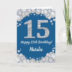 Feliz 15 cumpleaños tarjeta Purpurina azul y plate