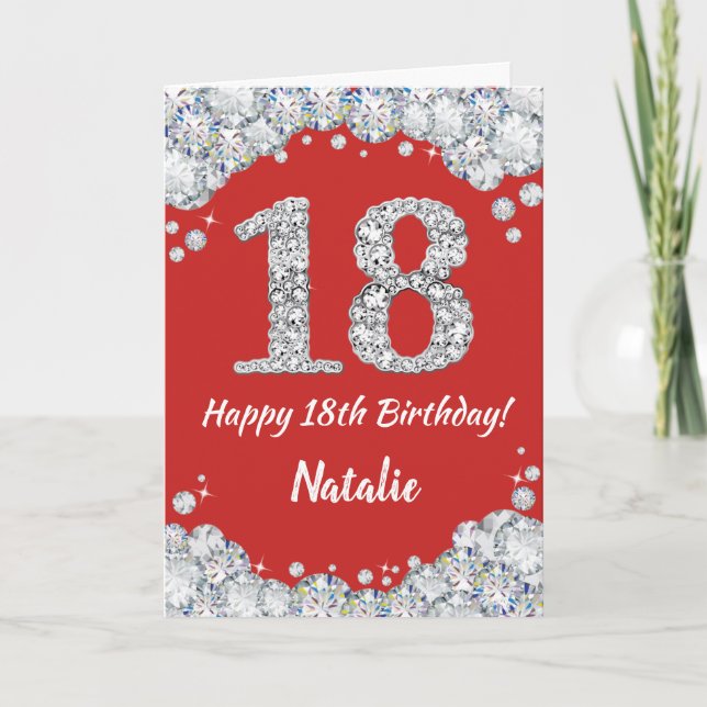 Feliz 18 cumpleaños tarjeta Purpurina roja y plate (Anverso)