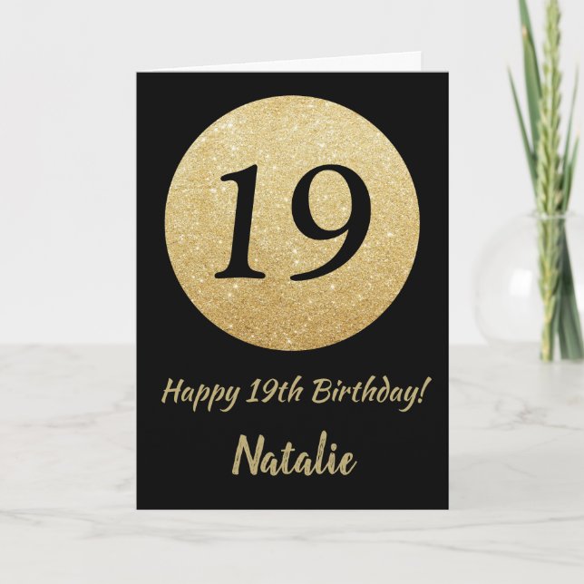 Feliz 19º cumpleaños tarjeta de Purpurina de oro y (Anverso)