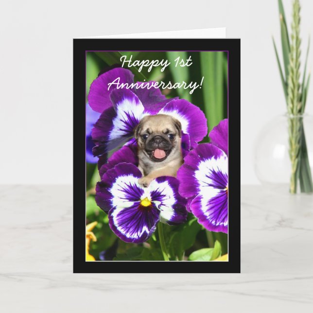 Feliz 1° aniversario con tarjeta de pansies (Anverso)