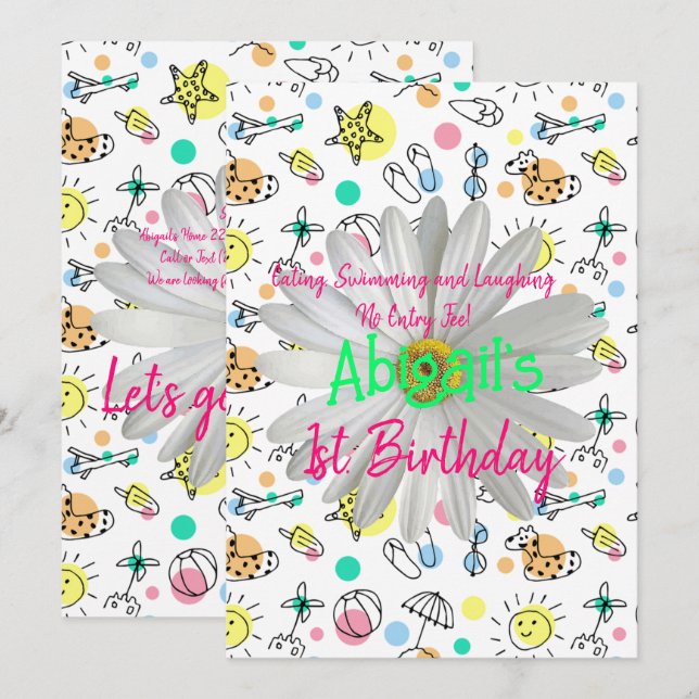 Feliz 1er. Cumpleaños Invitación Splash Natación (Anverso / Reverso)