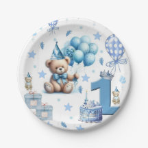 Feliz 1er. Cumpleaños Osito de Platos de Papel Azu