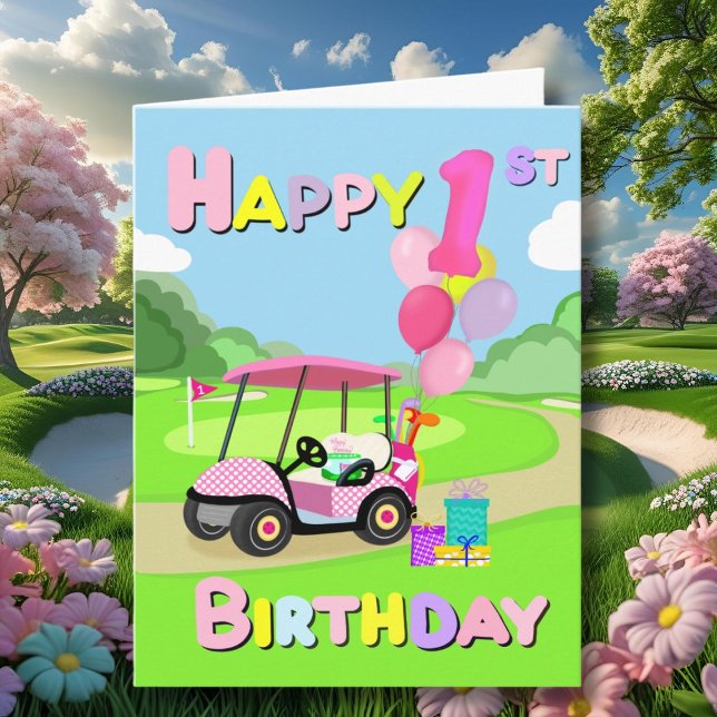 Feliz 1er Cumpleaños Tarjeta de Golf Rosa de Lunar (Subido por el creador)