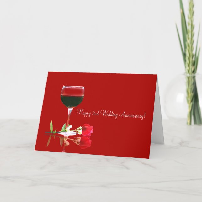 Feliz 2º Aniversario Vino Rojo y Tarjeta Rosa (Anverso)