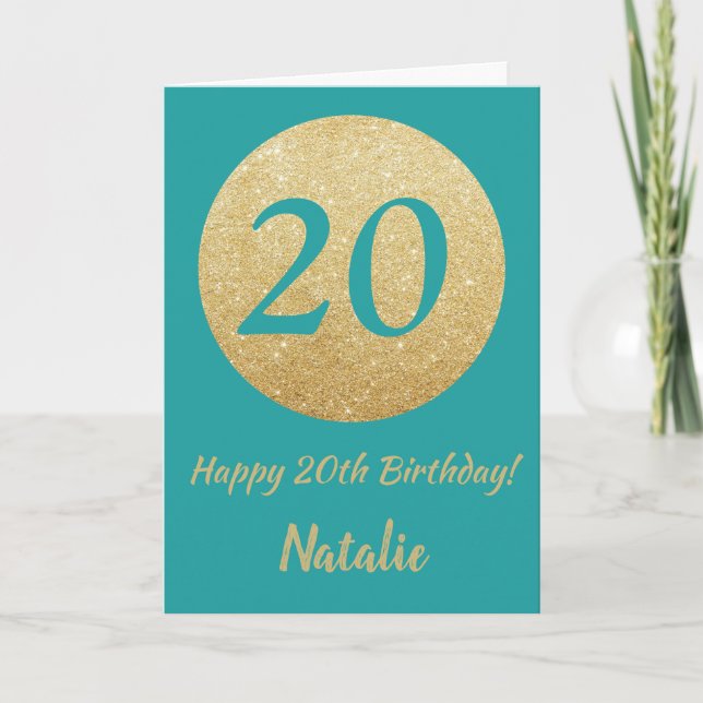 Feliz 20 cumpleaños, tarjeta Verde azulada y Purpu (Anverso)