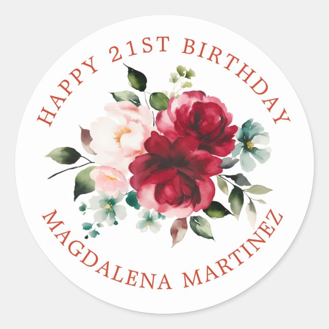 Feliz 21.º Sello para sobres Personalizado Floral (Anverso)