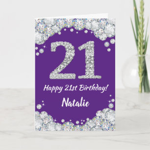 Feliz 21 cumpleaños, tarjeta Purpurina morada y pl