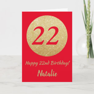 Feliz 22 cumpleaños, tarjeta de Purpurina roja y d
