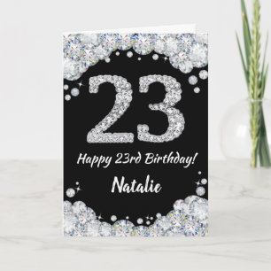 Feliz 23 cumpleaños, tarjeta de Purpurina negro y