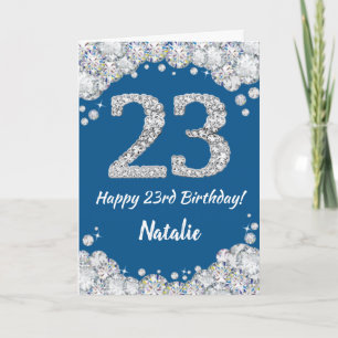 Feliz 23 cumpleaños tarjeta Purpurina azul y plate