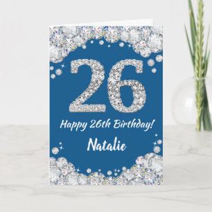 Feliz 26 cumpleaños tarjeta Purpurina azul y plate