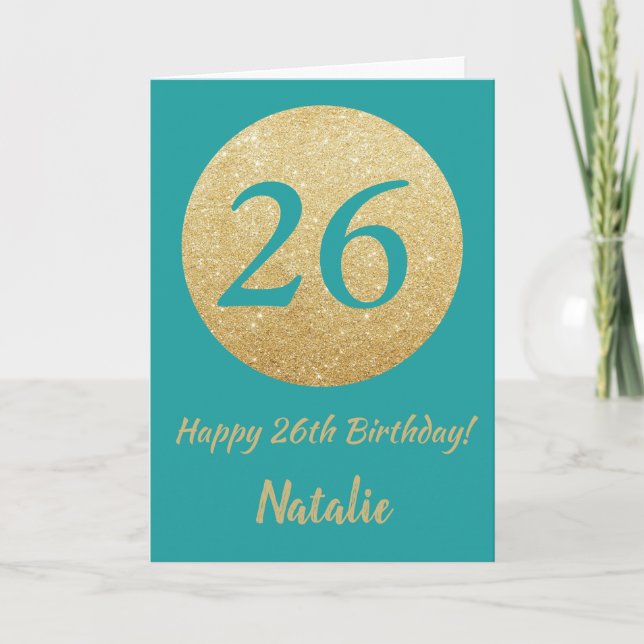 Feliz 26 cumpleaños, tarjeta Verde azulada y Purpu (Anverso)
