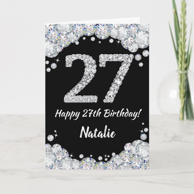 Feliz 27 cumpleaños tarjeta de Purpurina negro y p (Anverso)