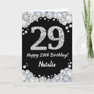 Feliz 29 cumpleaños tarjeta de Purpurina negro y p