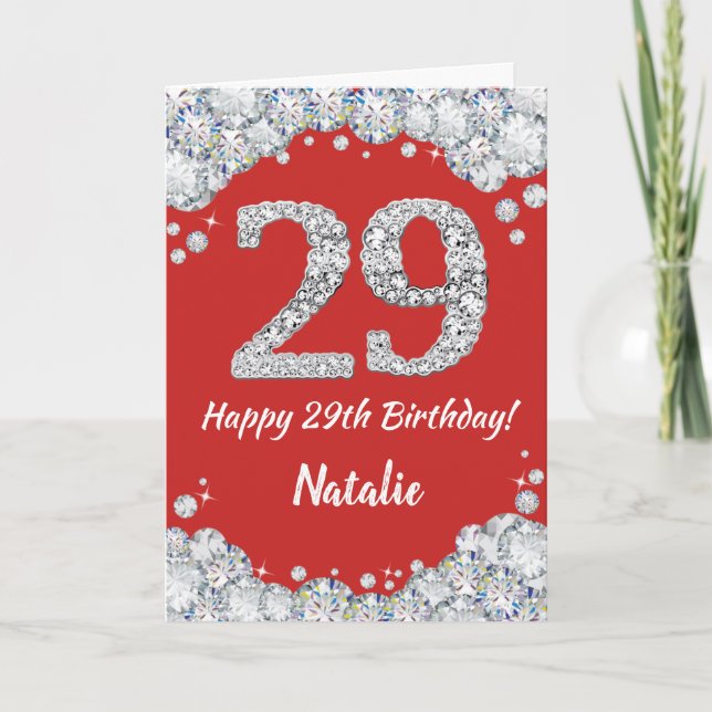 Feliz 29 cumpleaños tarjeta de Purpurina roja y pl (Anverso)