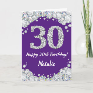 Feliz 30 cumpleaños, tarjeta Purpurina morada y pl