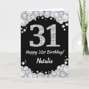 Feliz 31 cumpleaños tarjeta de Purpurina negro y p