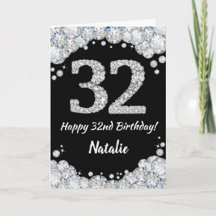 Feliz 32º cumpleaños, tarjeta de Purpurina negro y