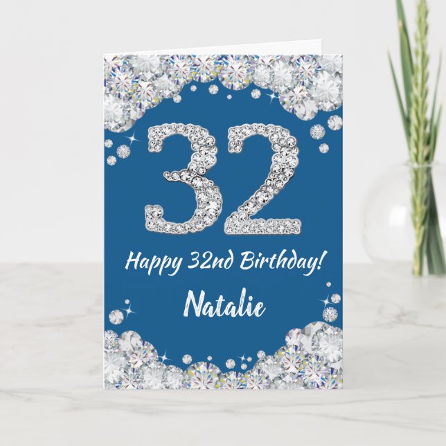 Feliz 32 cumpleaños tarjeta Purpurina azul y plate (Anverso)
