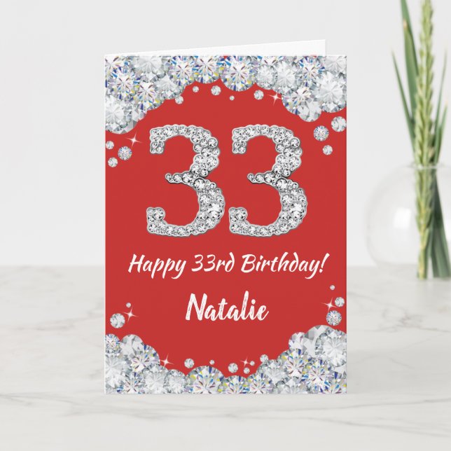 Feliz 33 cumpleaños tarjeta de Purpurina roja y pl (Anverso)
