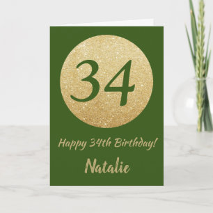 Feliz 34 cumpleaños, tarjeta de Purpurina verde y