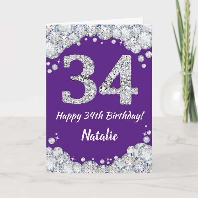 Feliz 34 cumpleaños, tarjeta Purpurina morada y pl (Anverso)