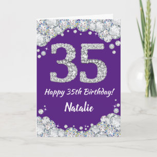 Feliz 35 cumpleaños, tarjeta Purpurina morada y pl