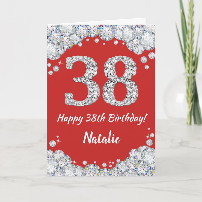 Feliz 38 cumpleaños tarjeta de Purpurina roja y pl (Anverso)