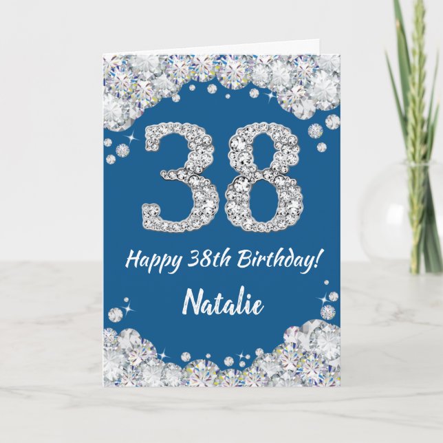 Feliz 38 cumpleaños tarjeta Purpurina azul y plate (Anverso)