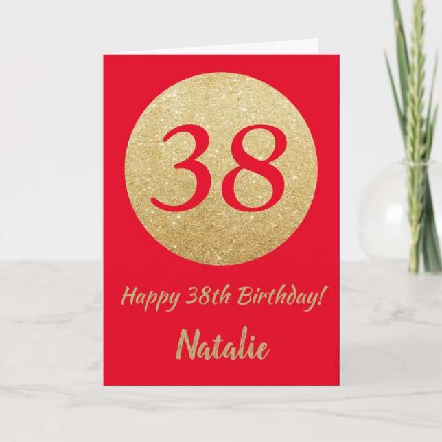 Feliz 38 cumpleaños, tarjeta Purpurina roja y dora (Anverso)
